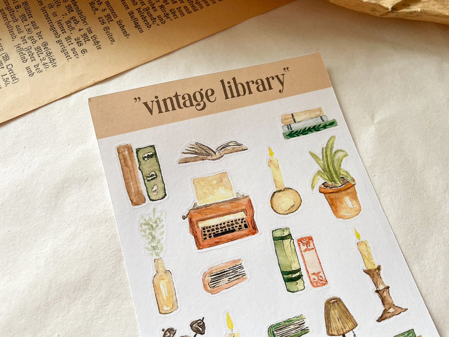 Vintage Library Stickersheet, Bücherei, Schreibmaschine