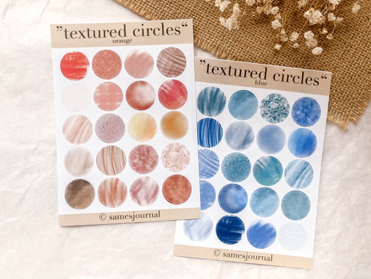 Cercles texturés, orange et bleu, feuille d'autocollants, cercles variés, samesjournal
