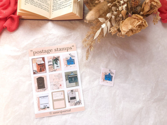 Stamps, sticker sheet, stickers, letters, mailbox - samesjournal