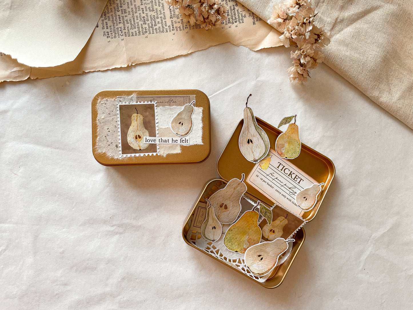 Birnen Sticker, Aufkleber, die-cut in dekorierter Box