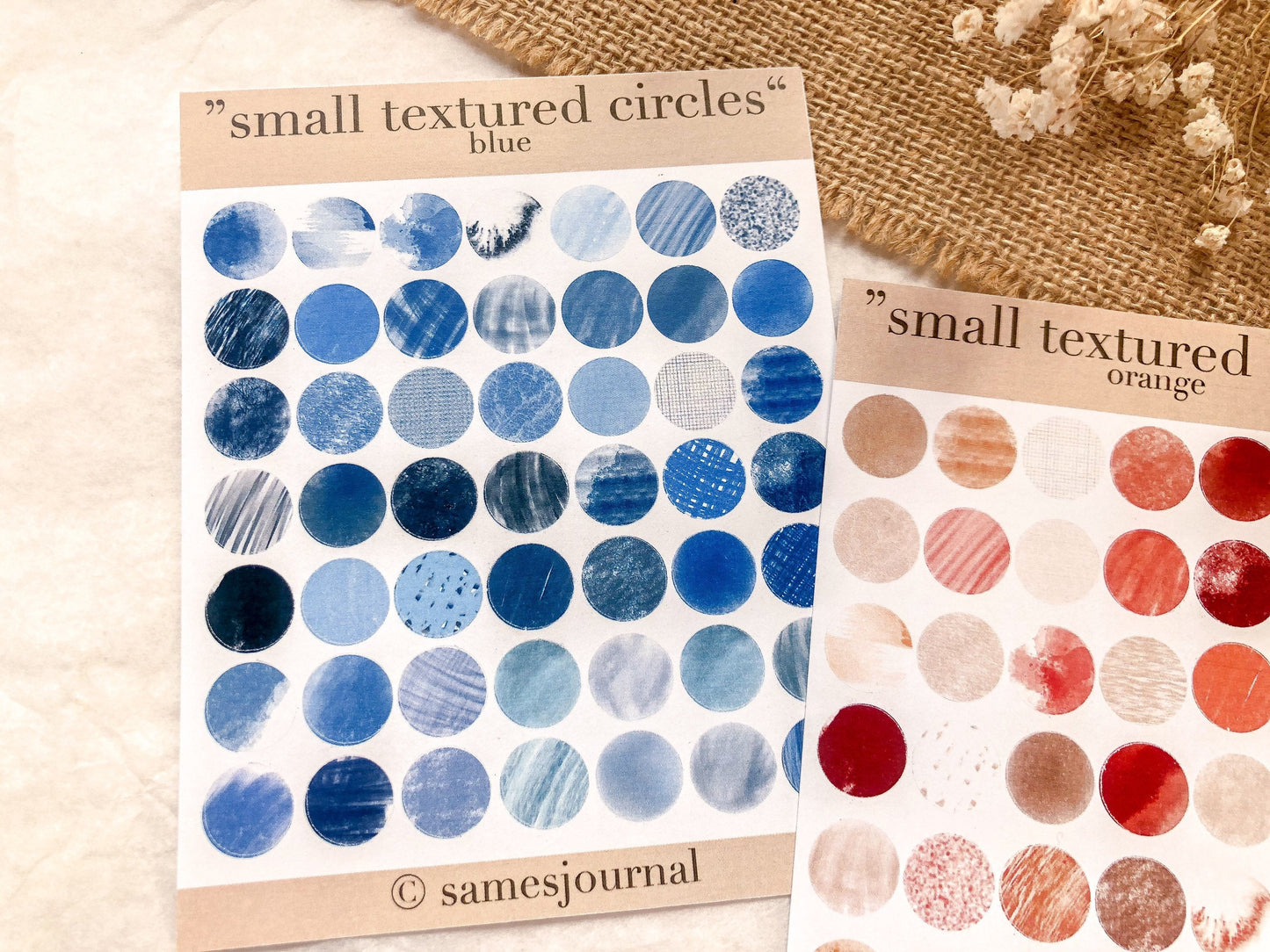 Small textured circles, orange und blau, Stickersheet, verschiedene Kreise, samesjournal