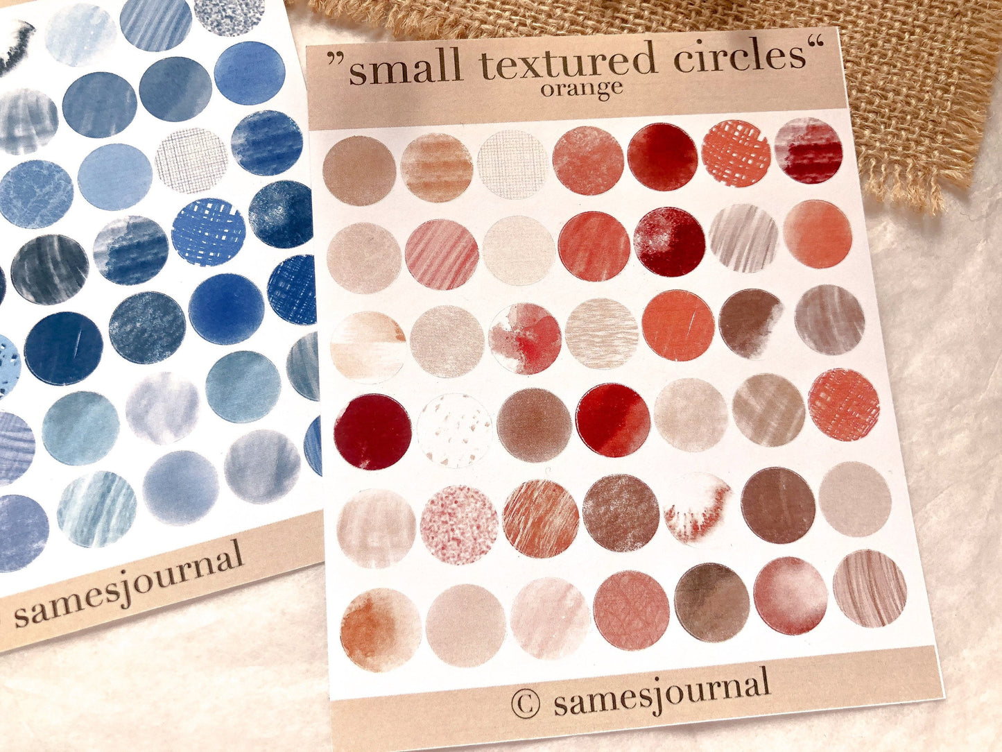 Small textured circles, orange und blau, Stickersheet, verschiedene Kreise, samesjournal