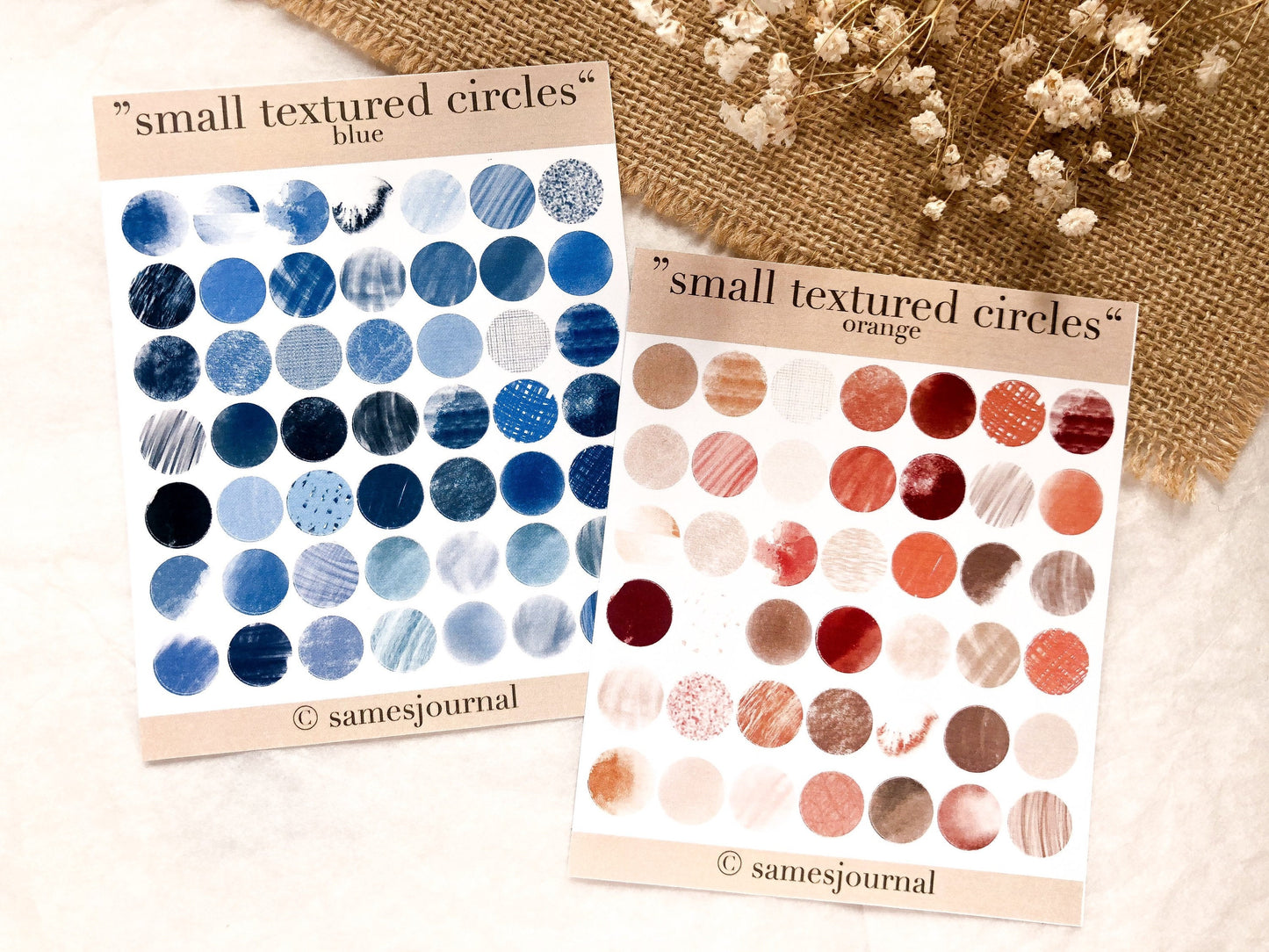 Small textured circles, orange und blau, Stickersheet, verschiedene Kreise, samesjournal