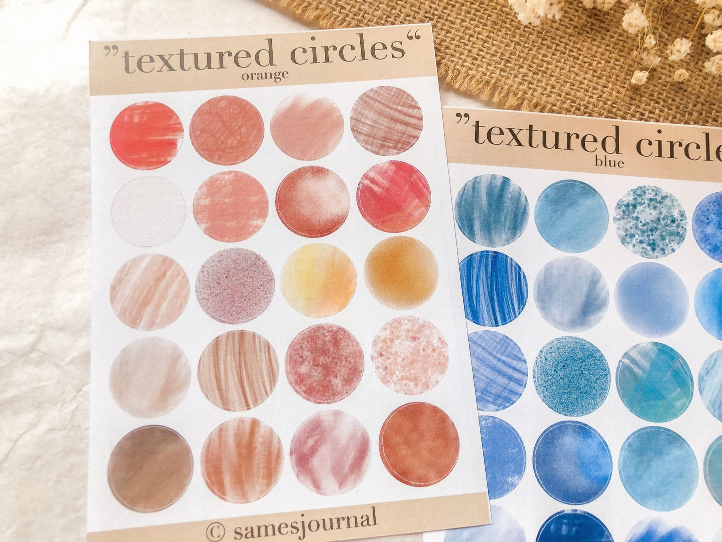 Textured circles, orange und blau, Stickersheet, verschiedene Kreise, samesjournal