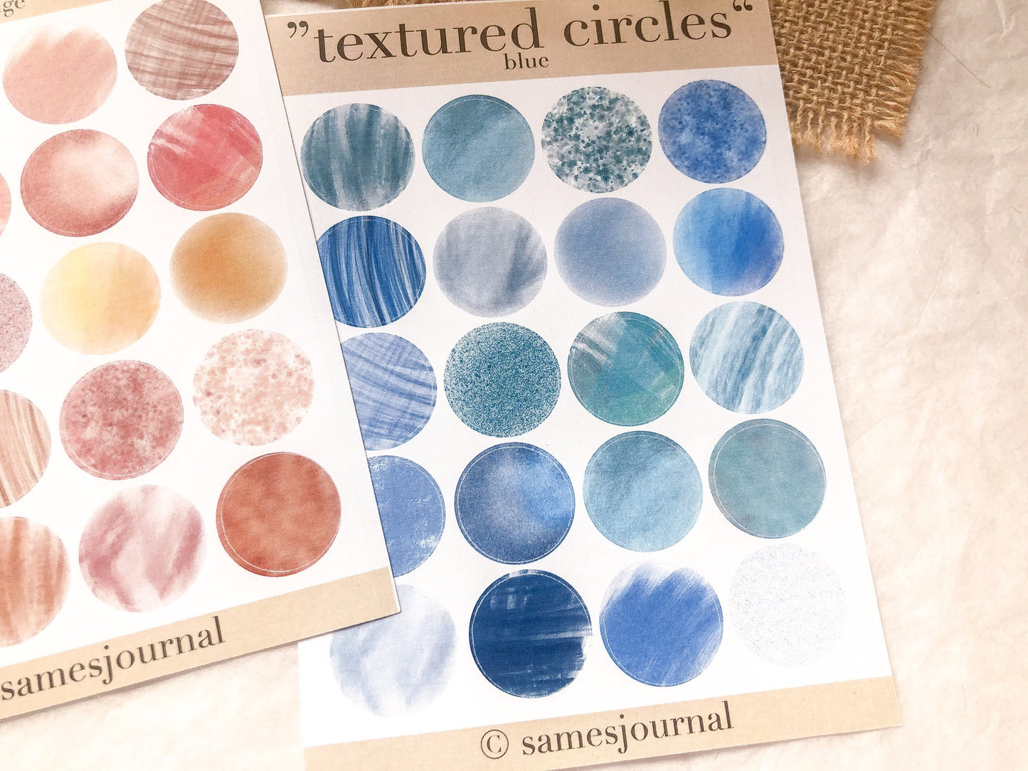 Textured circles, orange und blau, Stickersheet, verschiedene Kreise, samesjournal